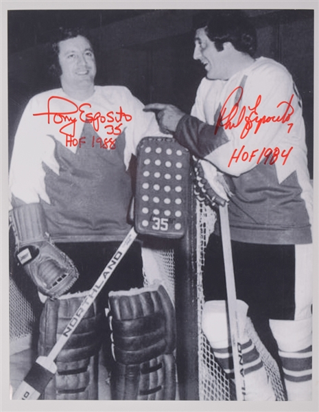 Tony and Phil Esposito 1972 Summit Series Signed Photo and Pucks (2) with LOA