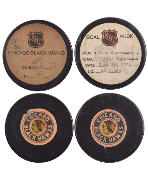 Yvan Cournoyers Montreal Canadiens 1972-74 Goal Pucks (2) from the NHL Goal Puck Program 