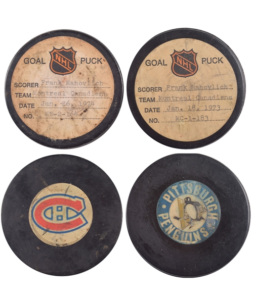 Frank Mahovlichs Montreal Canadiens 1972-74 Goal Pucks (2) from the NHL Goal Puck Program 