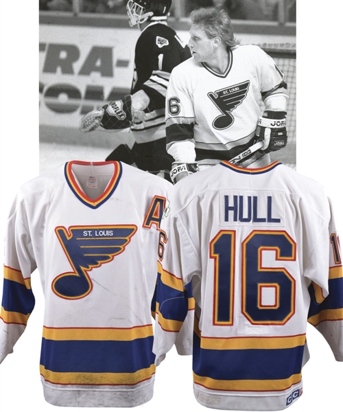 Brett Hulls 1989-90 St. Louis Blues Game-Worn Alternate Captains Jersey with His Signed LOA - 72-Goal Season! - DK Patch! - Photo-Matched!