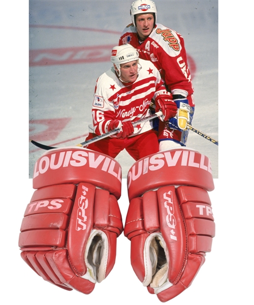 Brett Hulls 1994 "Ninety-Nine Tour" Louisville Game-Used Gloves with His Signed LOA
