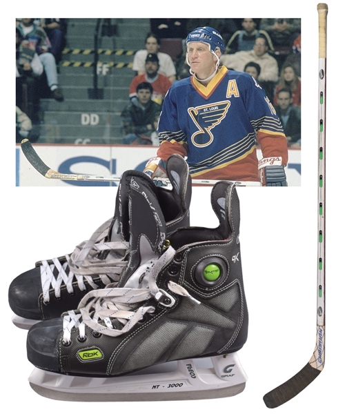 Brett Hulls Mid-to-Late-1990s St. Louis Blues Nike Game-Used Stick and Early-2000s Reebok Pump Game-Used Skates with His Signed LOA
