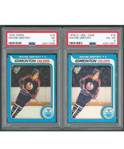 1979-80 O-Pee-Chee and Topps Hockey Cards #18 HOFer Wayne Gretzky RC - Graded PSA 4 (OPC) and PSA 5 (Topps)