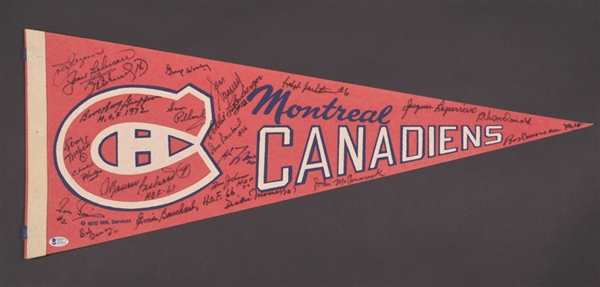 Montreal Canadiens Great Multi-Signed Pennant with LOA Including Richard Brothers, Beliveau, Geoffrion, Moore and Others (30") 