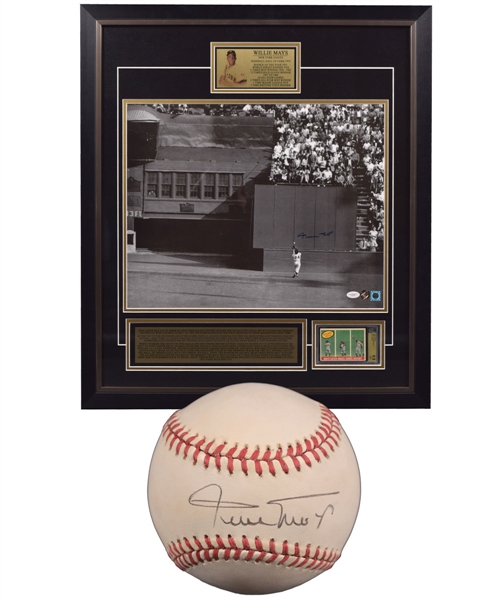 Willie Mays "The Catch" Signed Photo and 1959 Topps Card Framed Display (27” x 31”) Plus Single-Signed Baseball - Both JSA Certified