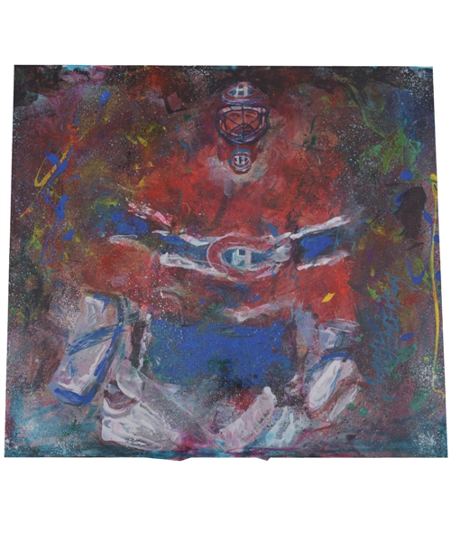 Stunning Patrick Roy Montreal Canadiens "The Wink" Original Painting on Canvas by Renowned Artist Murray Henderson (23” x 25”) 
