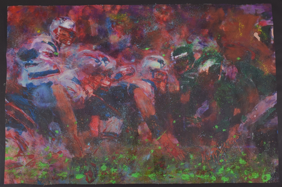 Tom Brady New England Patriots “Scrimmage Battle” Original Painting on Canvas by Renowned Artist Murray Henderson (33 ½” x 40”)