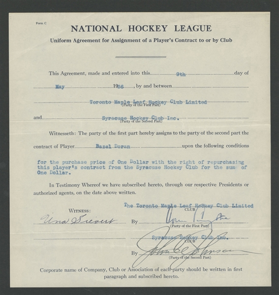 Toronto Maple Leafs 1930s/1940s Official NHL Document Collection of 2 with Deceased HOFer Conn Smythe Signatures
