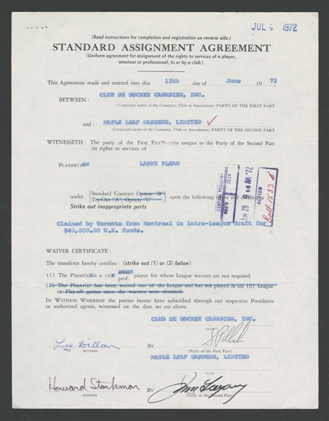 Toronto Maple Leafs 1950s/1970s Official NHL Document Collection of 3 Including Signatures of Deceased HOFers Turk Broda and Sam Pollock