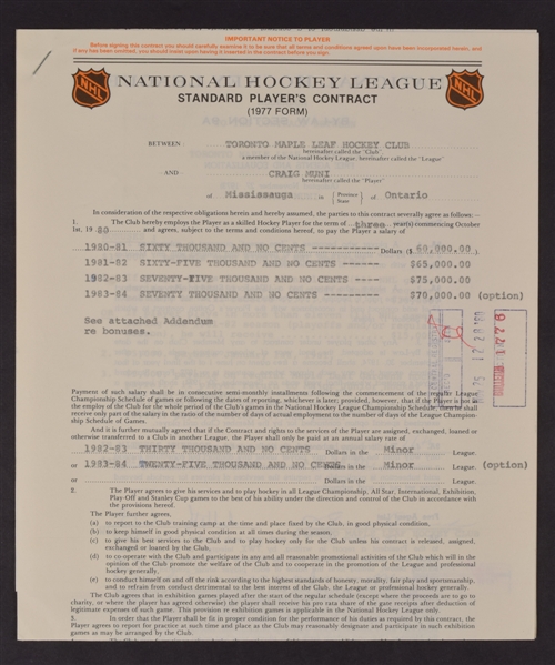 Toronto Maple Leafs 1980s Official NHL Contracts of Terry Martin, Curt Ridley and Craig Muni Including Signatures of Deceased HOFer Punch Imlach