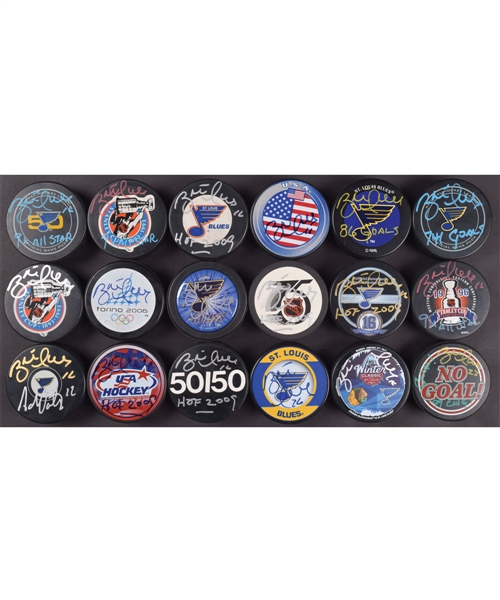 Considerable Brett Hull Signed Puck Collection of 1300+ with Retirement Night, St Louis Blues, Team USA and Souvenir Examples – Some JSA Certified 