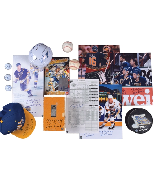 Brett Hull Signed Memorabilia Collection of 100+ with Photos, Caps, Scoresheets, Magazines, Baseballs and More!