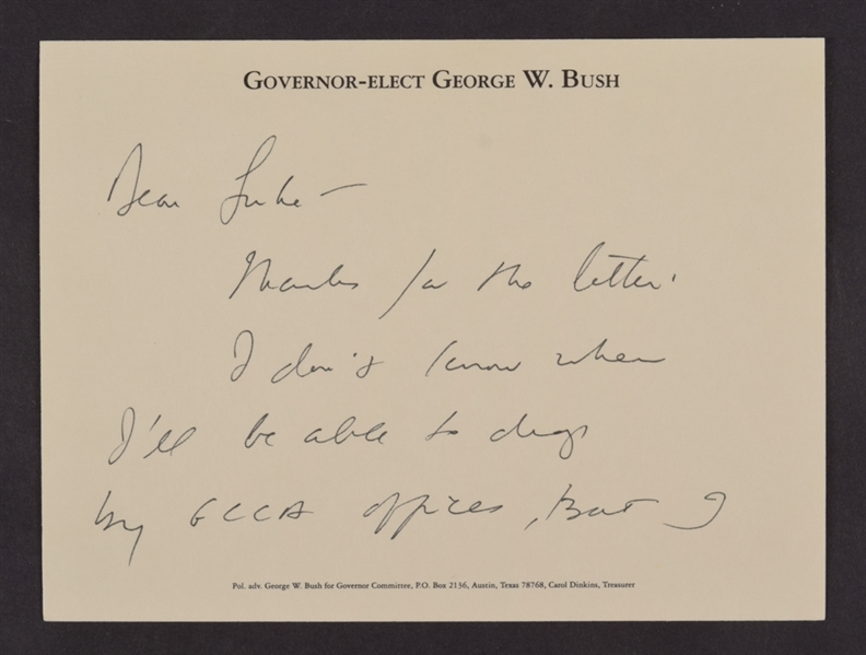 George W. Bush Signed 1994 Governor of Texas Card Plus First Lady Laura Bush Signed 2010 Hardcover Book - Both JSA Authenticated - 43rd President of the United States