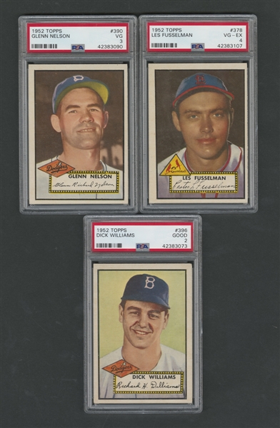 1952 Topps PSA-Graded Baseball Cards #378 Fusselman (PSA 4), #390 Nelson (PSA 3) and #396 HOFer Williams RC (PSA 2)