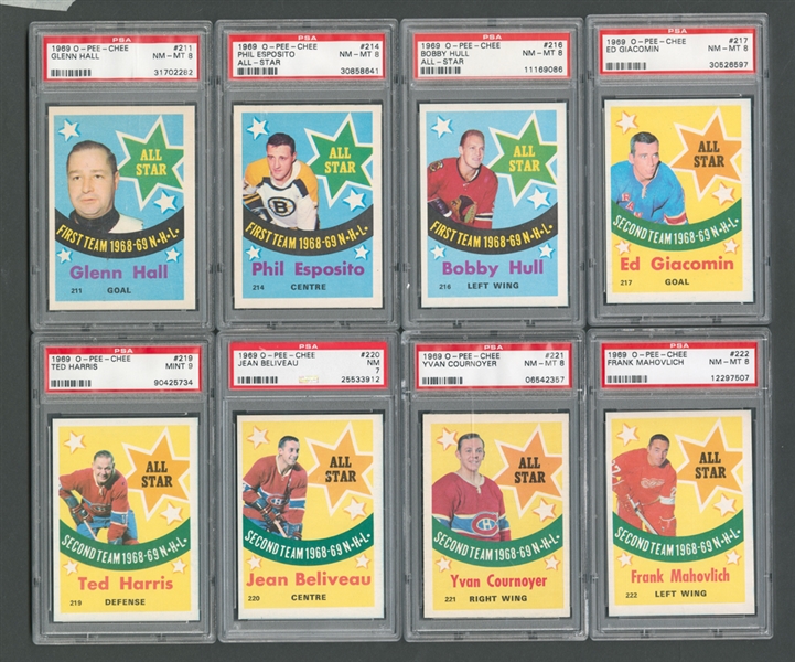 1969-70 O-Pee-Chee NHL All-Stars PSA-Graded Hockey Card Collection of 8 - All Graded PSA 7, 8 and 9
