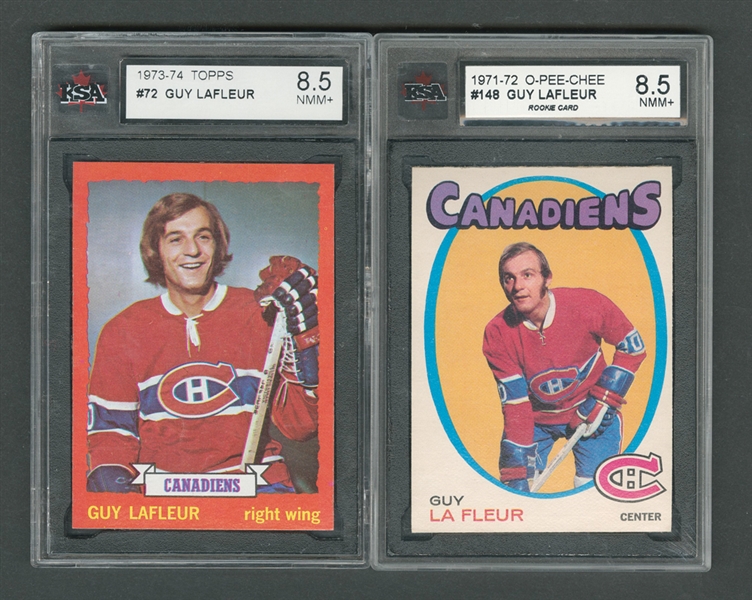 1971-72 O-Pee-Chee Hockey Card #148 HOFer Guy Lafleur RC and 1973-74 Topps #72 Guy Lafleur - Both Graded KSA 8.5