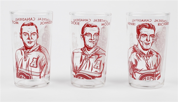 1960-61 York Peanut Butter Montreal Canadiens Hockey Premium Glasses of HOFers Henri Richard, Tom Johnson and Dickie Moore
