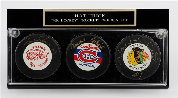 Gordie Howe, Maurice Richard and Bobby Hull "Hat Trick" Signed Pucks Display 