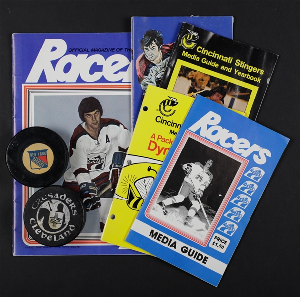 Claude Laroses 1970s/1980s WHA and NHL Memorabilia Collection Including 1978-79 Racers Media Guide with Gretzky, His Goal Pucks (2) from NHL Rangers and WHA Stingers and Much More!