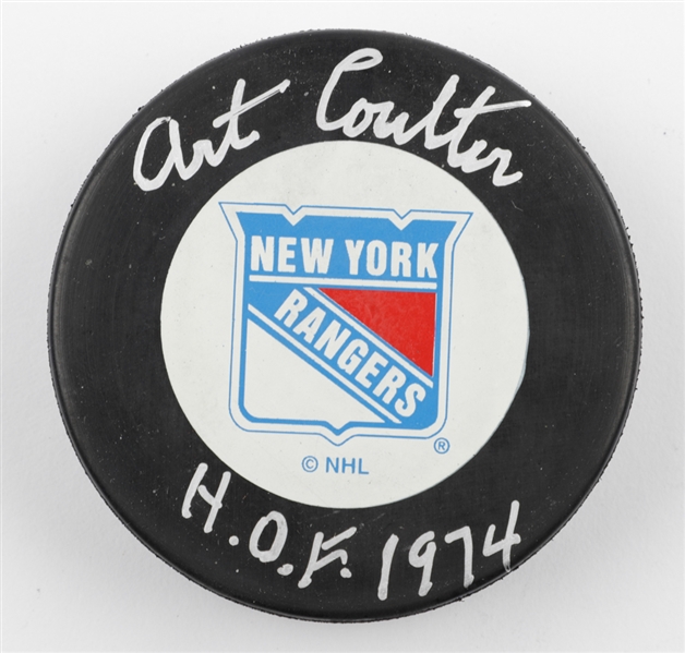 Deceased HOFer Art Coulter Signed New York Rangers Puck - JSA Authenticated