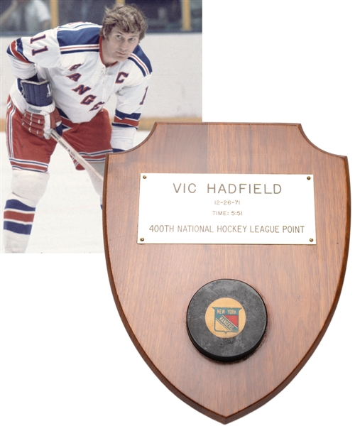 Vic Hadfields New York Rangers December 26th 1971 "400th Point of Career" Milestone Puck with His Signed LOA