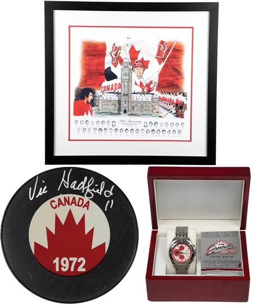 Vic Hadfields 1972 Canada-Russia Series "40th Anniversary" Collection Including Team Canada Team-Signed Lithograph and Limited-Edition Commemorative Watch with His Signed LOA