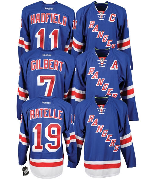 New York Rangers GAG Line Single-Signed Jerseys (3) of Hadfield, Ratelle and Gilbert from Vic Hadfields Personal Collection with His Signed LOA