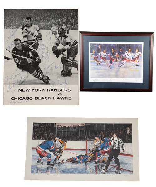 Vic Hadfields New York Rangers 1963-64 Team-Signed Program Plus Multi-Signed Lithographs (4) with His Signed LOA