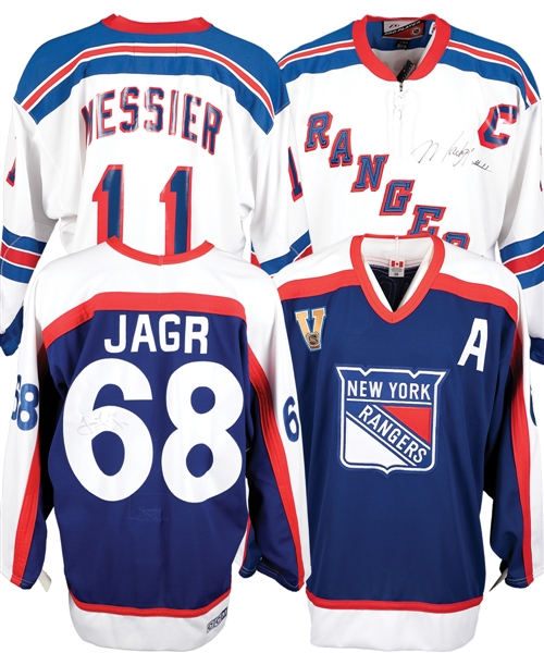 New York Rangers Mark Messier and Jaromir Jagr Signed Jerseys from Vic Hadfields Personal Collection with His Signed LOA