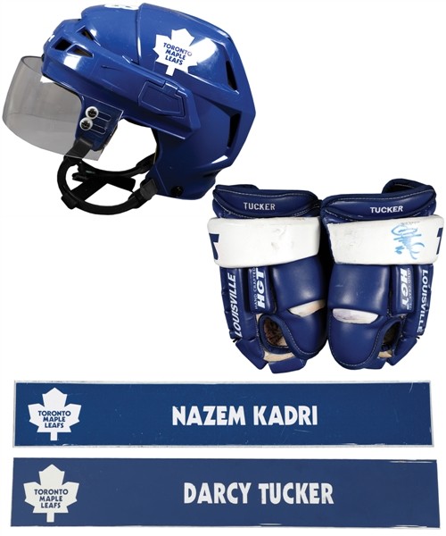 Nazem Kadris 2014-15 Toronto Maple Leafs Game-Worn Helmet with Team COA, Darcy Tuckers Mid-2000s TPS Game-Used Gloves Plus Kadri and Tucker Nameplates