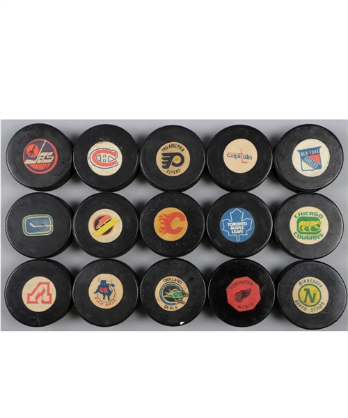 Converse (1969-77), Viceroy (1973-83) and Other Maker NHL/WHA Game Puck Collection of 37 Plus 83 Modern Souvenir/Game Pucks