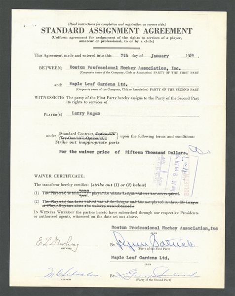 Larry Regans 1959 NHL Standard Assignment Agreement Signed by Deceased HOFers Lynn Patrick and Punch Imlach