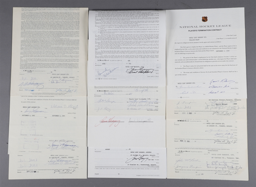 Toronto Maple Leafs 1960s/1980s Official NHL Contract and Document Collection of 31 Including Signatures of Deceased HOFers Imlach and Campbell Plus HOFer Gregory