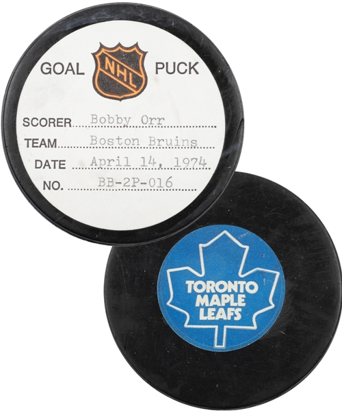 Bobby Orrs Boston Bruins April 14th 1974 Playoff Goal Puck from the NHL Goal Puck Program - 1st Playoff Goal of Season / Career Playoff Goal #22 of 26