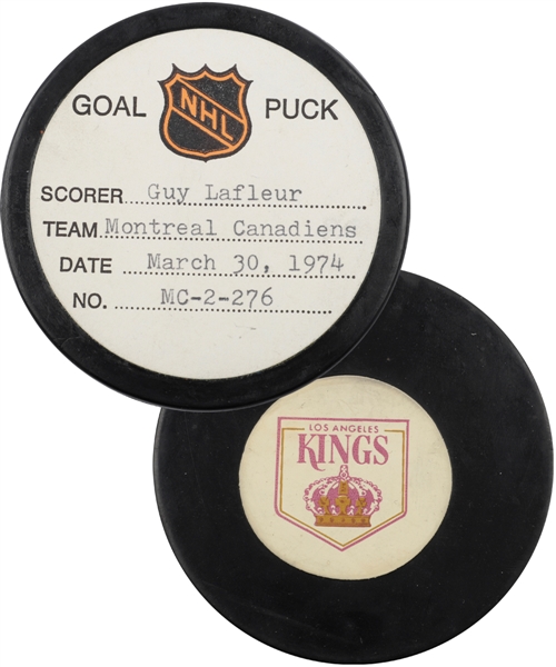 Guy Lafleurs Montreal Canadiens March 30th 1974 Goal Puck from the NHL Goal Puck Program - 20th Goal of Season / Career Goal #77 of 560