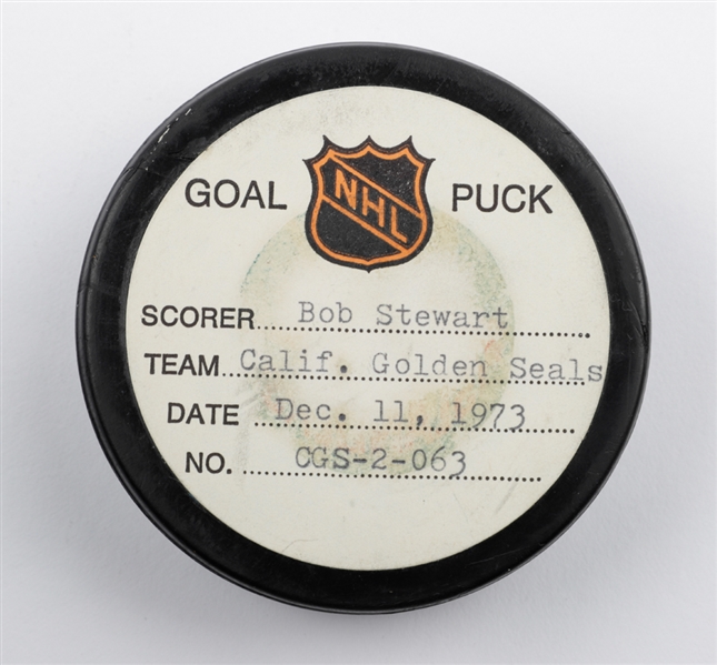 Bob Stewarts California Golden Seals December 11th 1973 Goal Puck from the NHL Goal Puck Program - 2nd Goal of Season / Career Goal #7 of 27