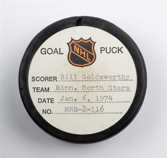 Bill Goldsworthys Minnesota North Stars January 6th 1974 Goal Puck from the NHL Goal Puck Program - 23rd Goal of Season / Career Goal #185 of 283