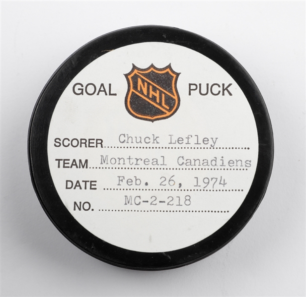Chuck Lefleys Montreal Canadiens February 26th 1974 Goal Puck from the NHL Goal Puck Program - 20th Goal of Season / Career Goal #41 of 128 