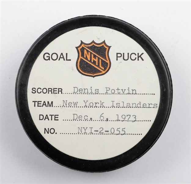 Denis Potvin’s New York Islanders December 6th 1973 Goal Puck from the NHL Goal Puck Program - 6th Goal of Rookie Season / Career Goal #6 of 310