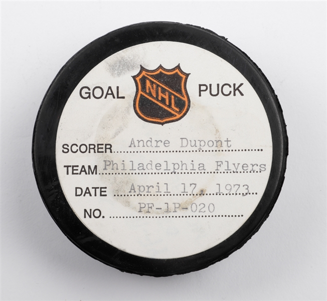 Andre Duponts Philadelphia Flyers April 17th 1973 Playoff Goal Puck from the NHL Goal Puck Program - 1st Playoff Goal of Season /Career Playoff Goal #2 of 14