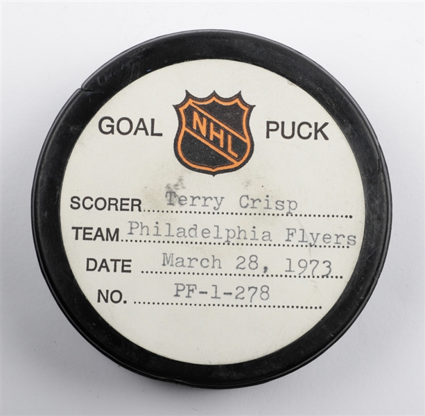 Terry Crisps Philadelphia Flyers March 28th 1973 Goal Puck from the NHL Goal Puck Program - 5th Goal of Season / Career Goal #43 of 67