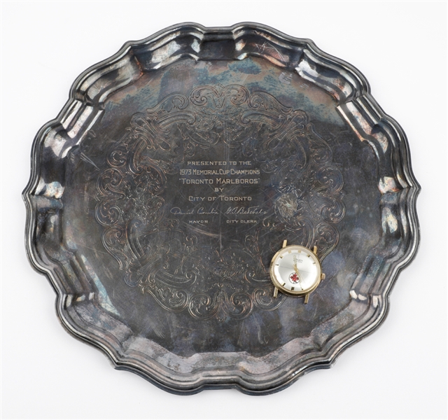 Dennis Owchars 1972-73 Toronto Marlboros Memorial Cup Championship Tray and Watch