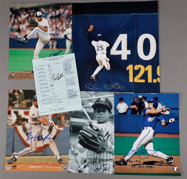 Toronto Blue Jays Signed Photo Collection of 5 Including Winfield, Alomar, Sprague and White Plus 1997 Batting Lineup Card Signed by Carter and Gaston