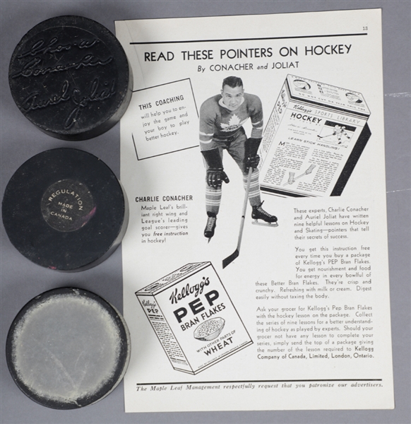 1930s Kelloggs Aurel Joliat/Charlie Conacher Promotional Puck and Magazine Ad Plus 2 Vintage Pucks