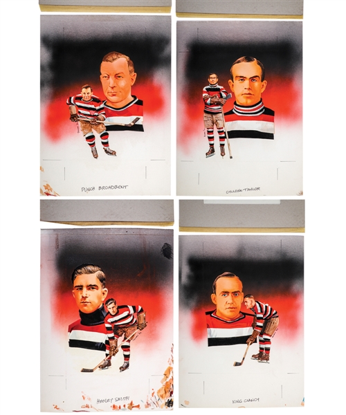 Ottawa Senators Legends King Clancy, Punch Broadbent, Hooley Smith and Cyclone Taylor Original Paintings by Carleton “Mac” McDiarmid for Hockey Hall of Fame Postcard Series