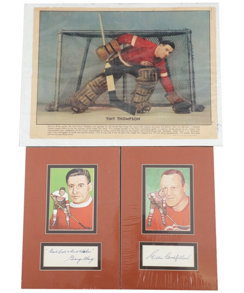 Deceased HOFers George Hay and Ebbie Goodfellow Signed Detroit Red Wings Matted Displays Plus 1939 Tiny Thompson Picture
