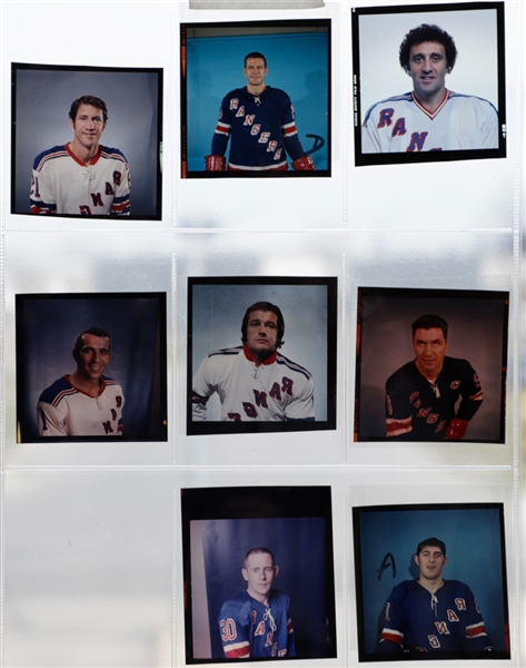 Vintage 1960s/1970s New York Rangers and Montreal Canadiens 2 1/4" Color Negatives (17) Including Sawchuk, Plante, Beliveau, Geoffrion, Gilbert, Bathgate and Others