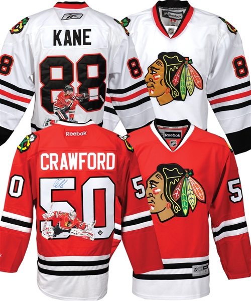Patrick Kane and Corey Crawford (Signed) Chicago Black Hawks Jerseys with Hand Painted Artworks by Paul Madden