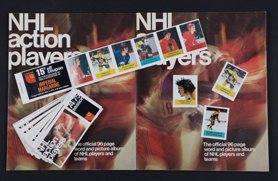 1974-75 Loblaws Action Hockey Players Stamp Complete Set in Album, 43 Uncut Panels of Stamps and 350 Additional Stamps