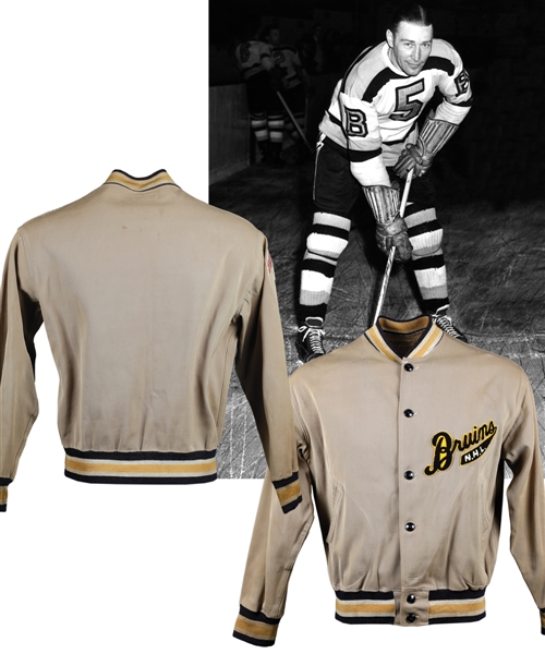 Dit Clappers 1940s Boston Bruins Team Jacket with Embroidered Team Crest Originally from His Personal Collection